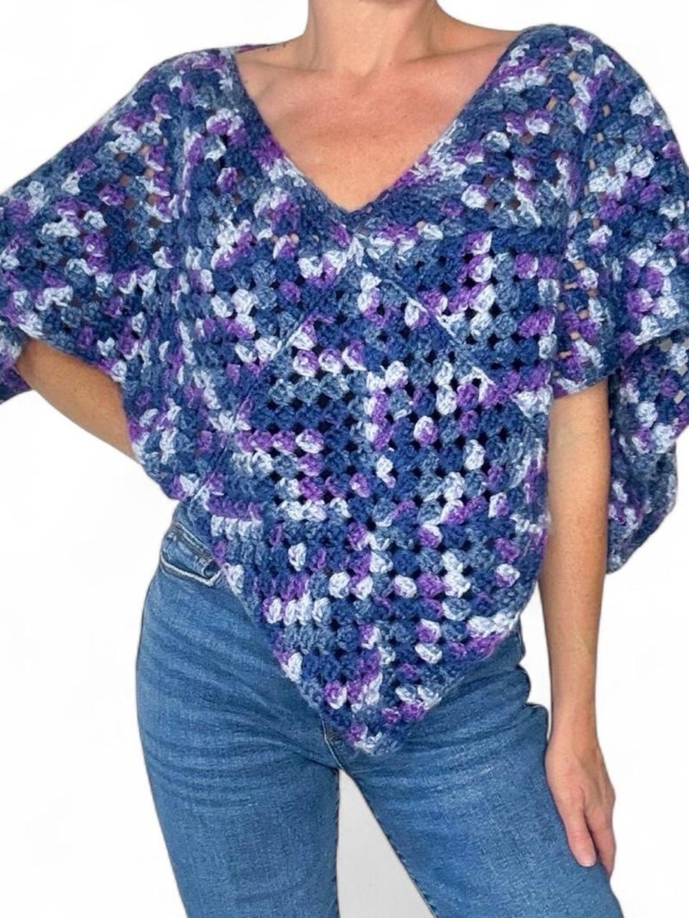 Vintage Handmade Purple Blue Crochet Hippie Shawl Poncho